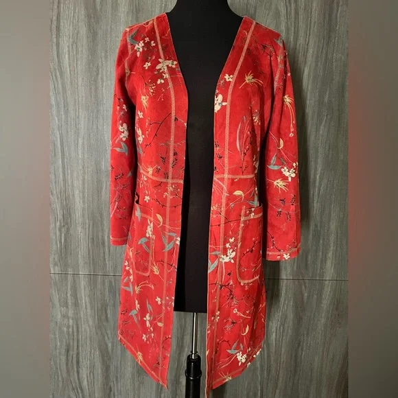 Anthropologie Solitaire red Suede Large Floral
Open Front Kimono Jacket - Picture 1 of 10